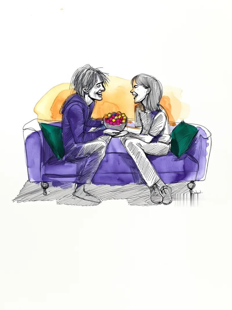 Watercolour and ink scene of friends on a sofa sharing sweets on a big night in