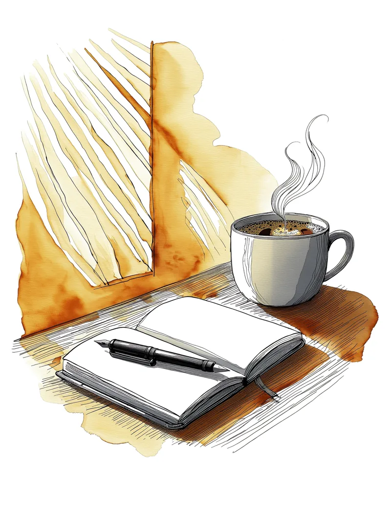 Watercolour still life of a morning ritual with coffee and notebook